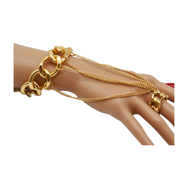 New Women Gold Metal Head Chain Wrist Bracelet Chunky Links Connected Ring