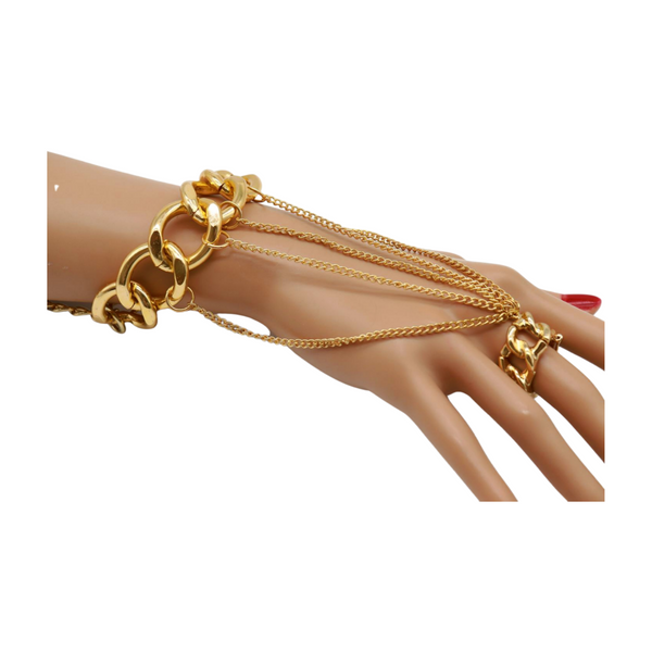 New Women Gold Metal Head Chain Wrist Bracelet Chunky Links Connected Ring