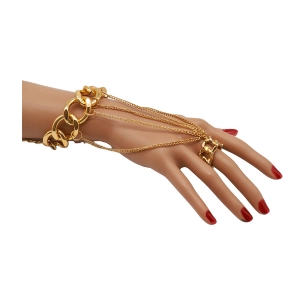 New Women Gold Metal Head Chain Wrist Bracelet Chunky Links Connected Ring