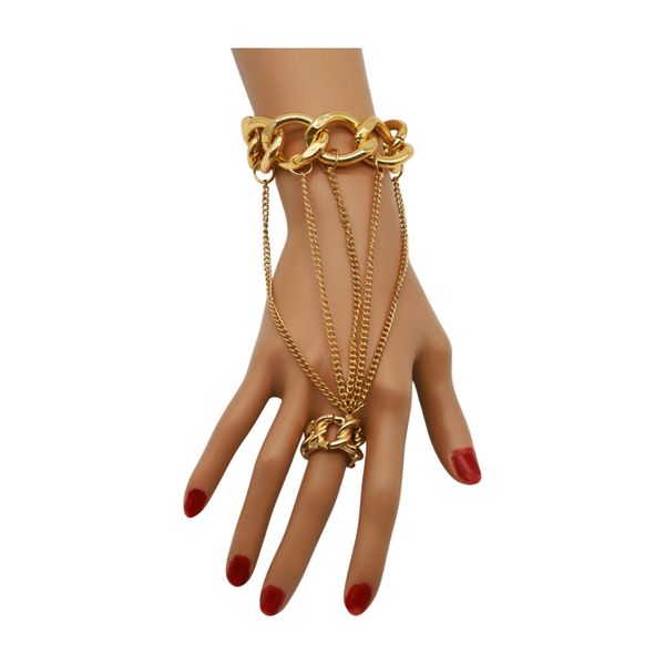 New Women Gold Metal Head Chain Wrist Bracelet Chunky Links Connected Ring