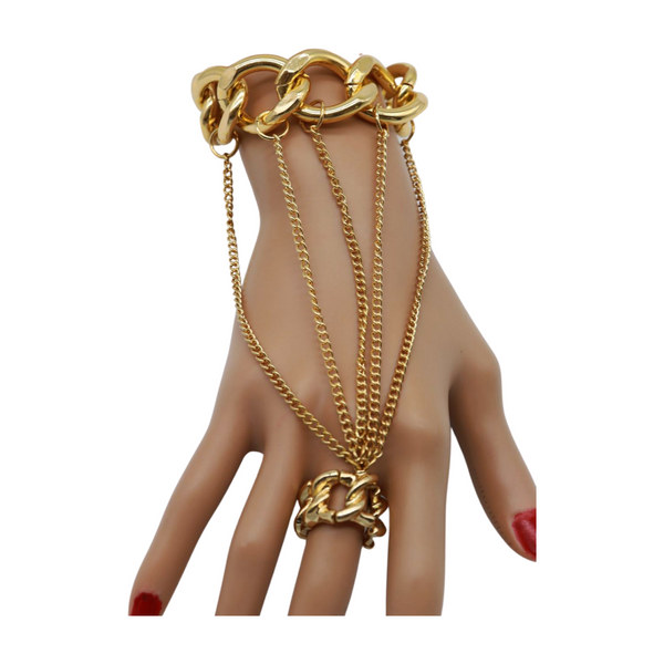 New Women Gold Metal Head Chain Wrist Bracelet Chunky Links Connected Ring