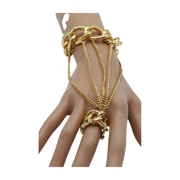 New Women Gold Metal Head Chain Wrist Bracelet Chunky Links Connected Ring