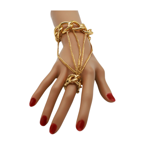 New Women Gold Metal Head Chain Wrist Bracelet Chunky Links Connected Ring