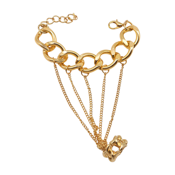 New Women Gold Metal Head Chain Wrist Bracelet Chunky Links Connected Ring