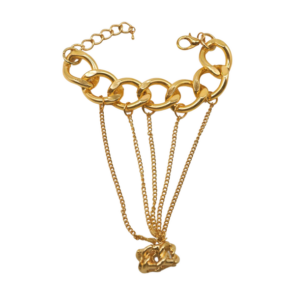 New Women Gold Metal Head Chain Wrist Bracelet Chunky Links Connected Ring