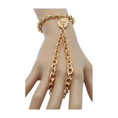 Women Gold Metal Hand Chain Lion Bracelet Ring