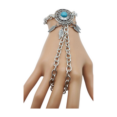 Women Silver Metal Hand Chain Bracelet Connected Ring Turquoise Blue Bead Leaves