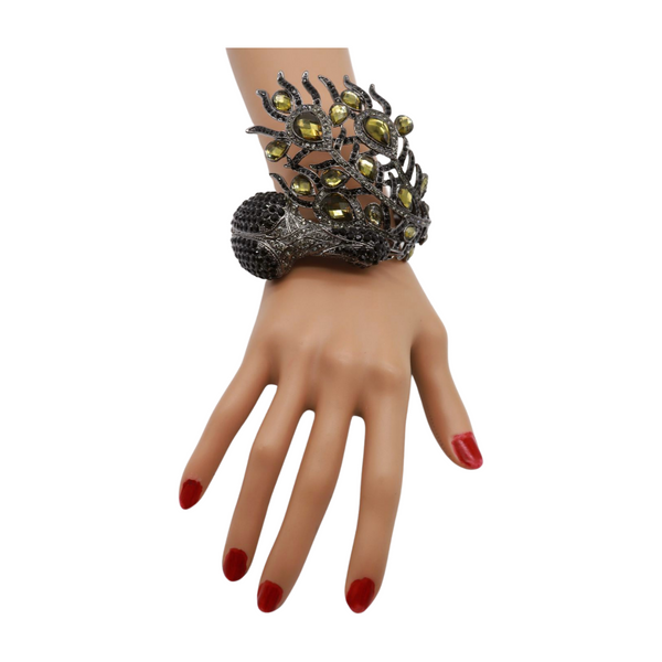 Brand New Women Black Metal Cuff Bracelet Fashion Peacock Feather Bold Statement