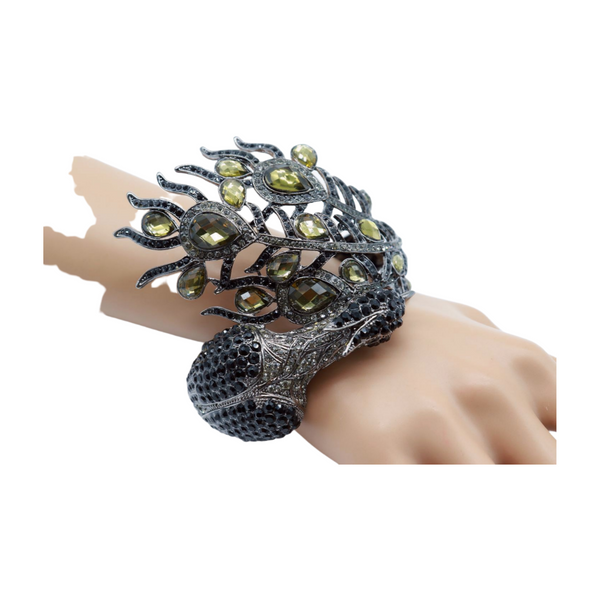 Brand New Women Black Metal Cuff Bracelet Fashion Peacock Feather Bold Statement