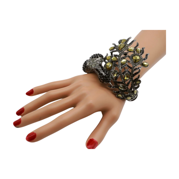 Brand New Women Black Metal Cuff Bracelet Fashion Peacock Feather Bold Statement