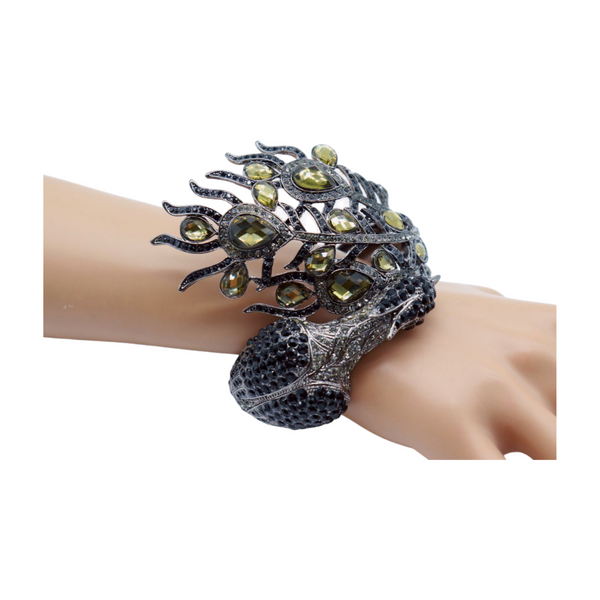 Brand New Women Black Metal Cuff Bracelet Fashion Peacock Feather Bold Statement