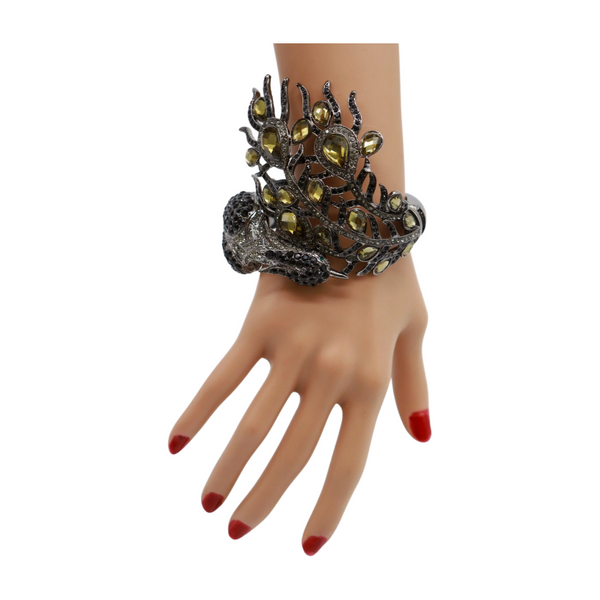 Brand New Women Black Metal Cuff Bracelet Fashion Peacock Feather Bold Statement