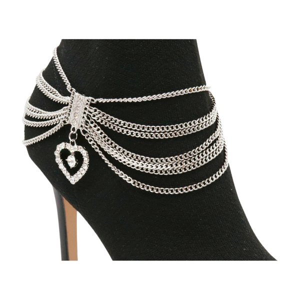 Brand New Women Silver Metal Chain Boot Bracelet Shoe Anklet Heart Charm