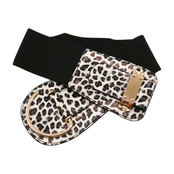 Brand New Women Black Elastic Fashion Belt Gold Hook Buckle Leopard L XL