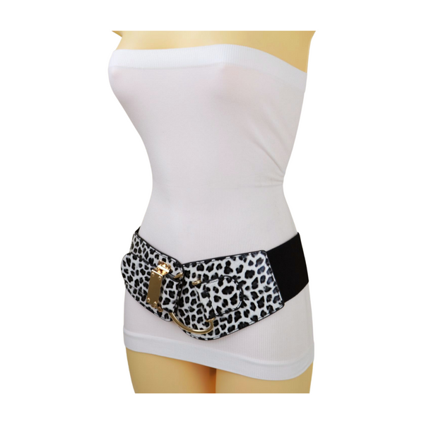 Brand New Women Black Elastic Fashion Belt Gold Hook Buckle Leopard L XL