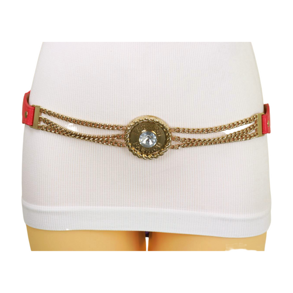 Brand New Women Coral Pink Stretch Belt Gold Metal Chain Fashion Charm S M