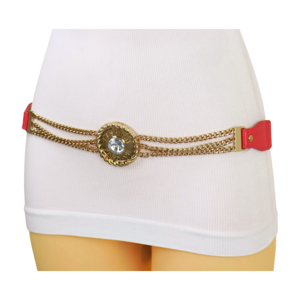Brand New Women Coral Pink Stretch Belt Gold Metal Chain Fashion Charm S M