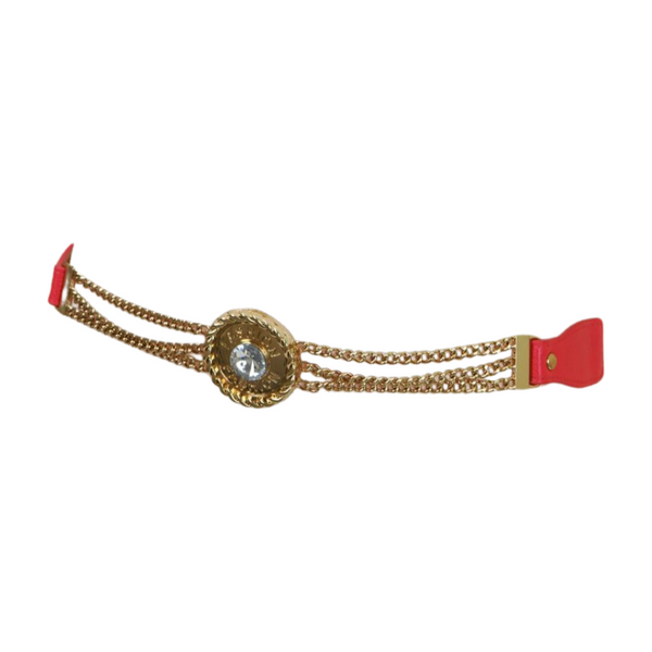 Brand New Women Coral Pink Stretch Belt Gold Metal Chain Fashion Charm S M