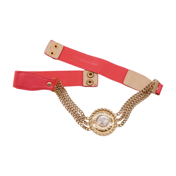 Brand New Women Coral Pink Stretch Belt Gold Metal Chain Fashion Charm S M