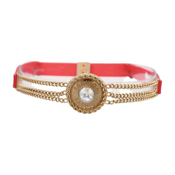 Brand New Women Coral Pink Stretch Belt Gold Metal Chain Fashion Charm S M