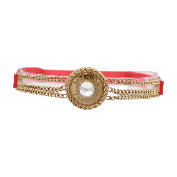 Brand New Women Coral Pink Stretch Belt Gold Metal Chain Fashion Charm S M