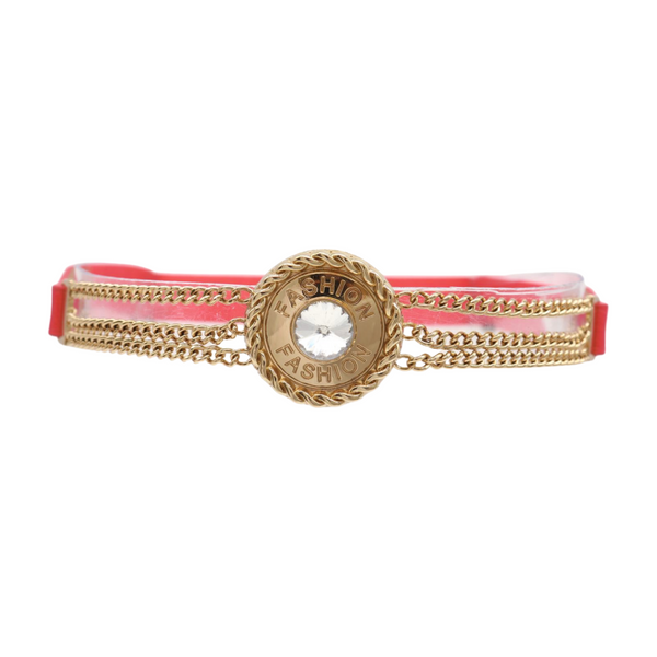 Brand New Women Coral Pink Stretch Belt Gold Metal Chain Fashion Charm S M