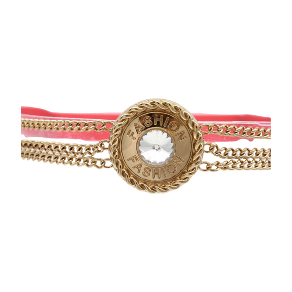 Brand New Women Coral Pink Stretch Belt Gold Metal Chain Fashion Charm S M