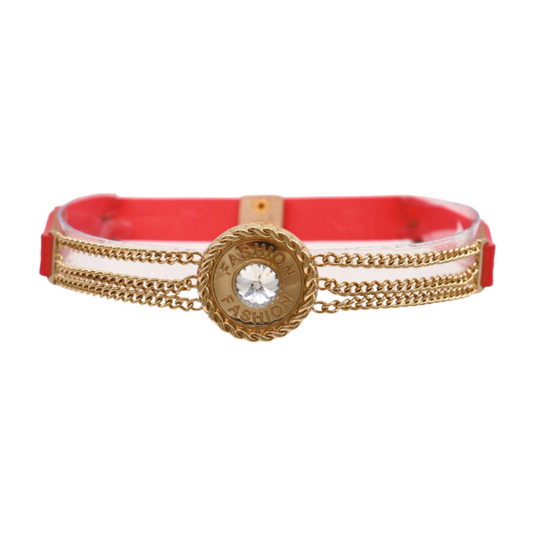 Brand New Women Coral Pink Stretch Belt Gold Metal Chain Fashion Charm S M