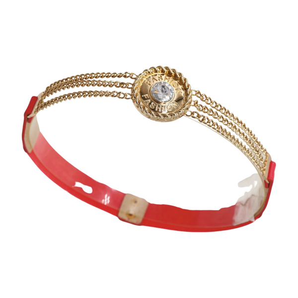 Brand New Women Coral Pink Stretch Belt Gold Metal Chain Fashion Charm S M