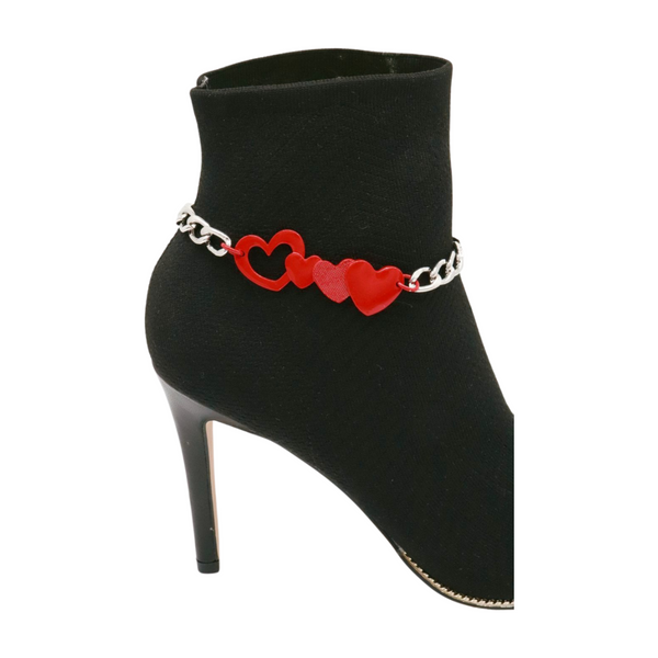 Brand New Women Silver Metal Boot Chain Bracelet Shoe Red Heart Charm