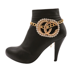 Brand New Women 2PCS Gold Metal Boot Chain Bracelet Shoe Anklet CC Bling Charm Set Fashion Jewelry - A PAIR     BC14