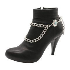 Brand New Women 2PCS Silver Metal Boot Chain Bracelet Shoe Anklet Double Sided Flower Charm Set Fashion Jewelry - A PAIR     BC25