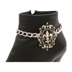 Brand New Women 2PCS Silver Metal Boot Chain Bracelet Shoe Anklet Bling Fleur De Lis Charm Set Lily Fashion Jewelry - A PAIR     BC40