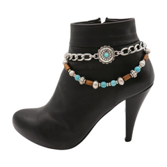 Brand New Women 2PCS Silver Metal Boot Chain Bracelet Shoe Anklet Wave Ethnic Flower Charm Set Fashion Jewelry - A PAIR     BC41