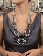 Brand New Women Grey Pearl Look Necklace With Rhinestone And Crystal Beads -   WN53