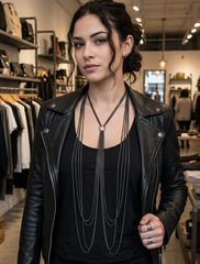 Brand New Women Pewter Black Long Body Chain Necklace Tassel Earrings  -   WN39