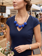 Brand New Gold Tone Chunky Chain Necklace for Women with 5 Large Blue Rhinestone Ball Charms, Short Statement Bib Jewelry, 14-16 Inch, WN67