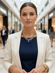 Brand New Women’s Gold Tone Chunky Link Collar Necklace With Large Blue Round Pendant, Bold Fashion Jewelry For Dressy Outfits   -   WN17