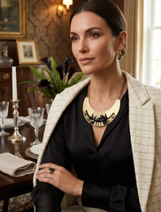 Brand New Women Gold Crescent Necklace Black Stone Look Bead Earrings    -   WN5