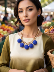 Brand New Gold Tone Chunky Chain Necklace for Women with 5 Large Blue Rhinestone Ball Charms, Short Statement Bib Jewelry, 14-16 Inch, WN67