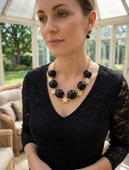 Brand New Women’s Black Bead Gold Star Charm Necklace Matching Earrings Set  -   WN31