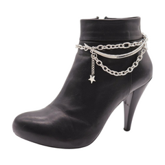 Brand New Women 2PCS Silver Metal Boot Chain Bracelet Shoe Anklet Stars Charm Set Fashion Jewelry - A PAIR     BC28