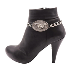 Brand New Women 2PCS Silver Metal Boot Chain Bracelet Shoe Anklet Rodeo Horse Charm Set Fashion Jewelry Concho - A PAIR     BC19