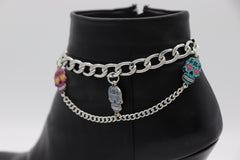 Brand New Women 2PCS Silver Metal Boot Chain Bracelet Candy Skull Charm Shoe Anklet A PAIR BC50