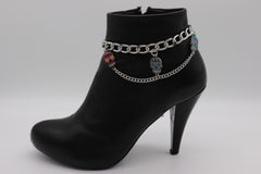 Brand New Women 2PCS Silver Metal Boot Chain Bracelet Candy Skull Charm Shoe Anklet A PAIR BC50
