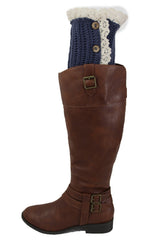 Brand New Women Boot Cover Toppers Pair Blue Winter Fabric Slip On White Crochet Buttons
