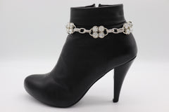 Brand New Women 2PCS Silver Metal Boot Chain Bracelet Bling Rhinestones Charm Shoe Anklet BC77