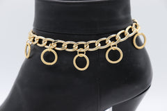 Brand New Women 2PC Gold Boot Chain Bracelet 5 Ring Circle Charm Shoe Anklet BC69