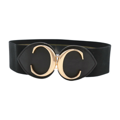Brand New Women Black Elastic Waistband Fashion Belt Gold Metal C Buckle Size S M  -  WB5