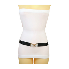 Brand New Women Black Skinny Elastic Waistband Fashion Belt Gold Metal Bling Bow Ribbon Buckle Size S M  -  WB9